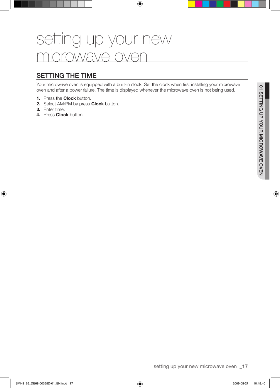 Setting up your new microwave oven | Samsung SMH8165B-XAA User Manual | Page 17 / 44