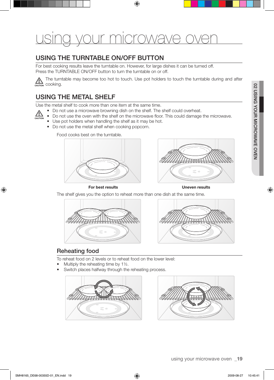 Using your microwave oven, Using the turntable on/off button, Using the metal shelf | Reheating food | Samsung SMH8165B-XAA User Manual | Page 19 / 44