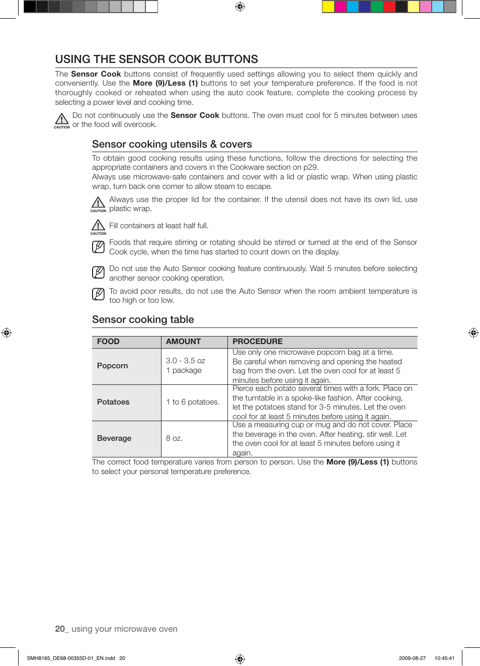 Using the sensor cook buttons, Sensor cooking utensils & covers, Sensor cooking table | Samsung SMH8165B-XAA User Manual | Page 20 / 44