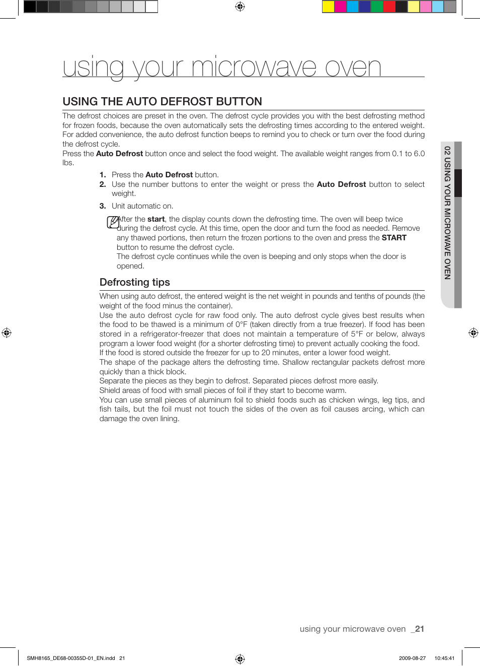Using your microwave oven, Using the auto defrost button | Samsung SMH8165B-XAA User Manual | Page 21 / 44