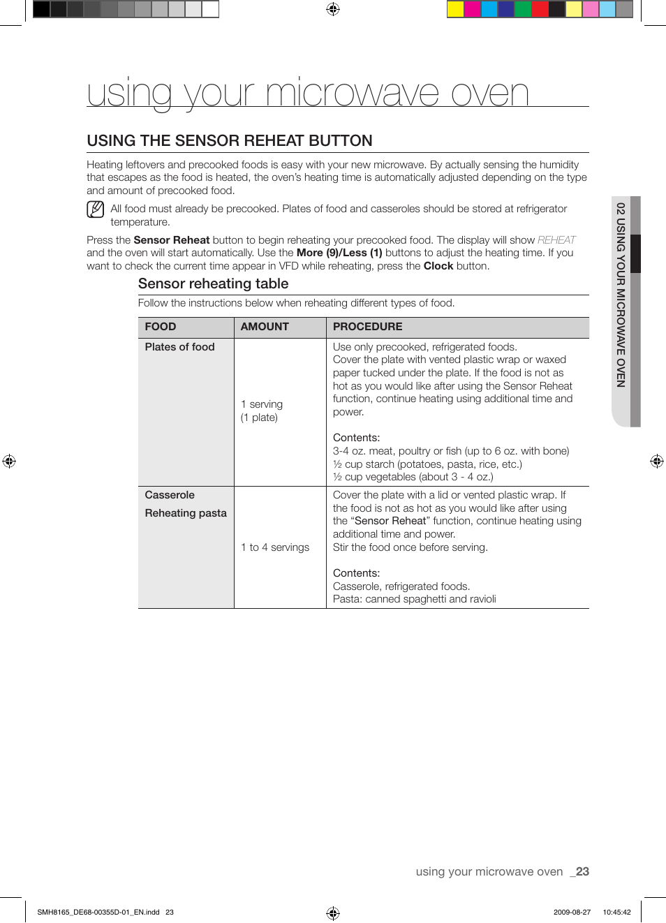 Using your microwave oven, Using the sensor reheat button, Sensor reheating table | Samsung SMH8165B-XAA User Manual | Page 23 / 44