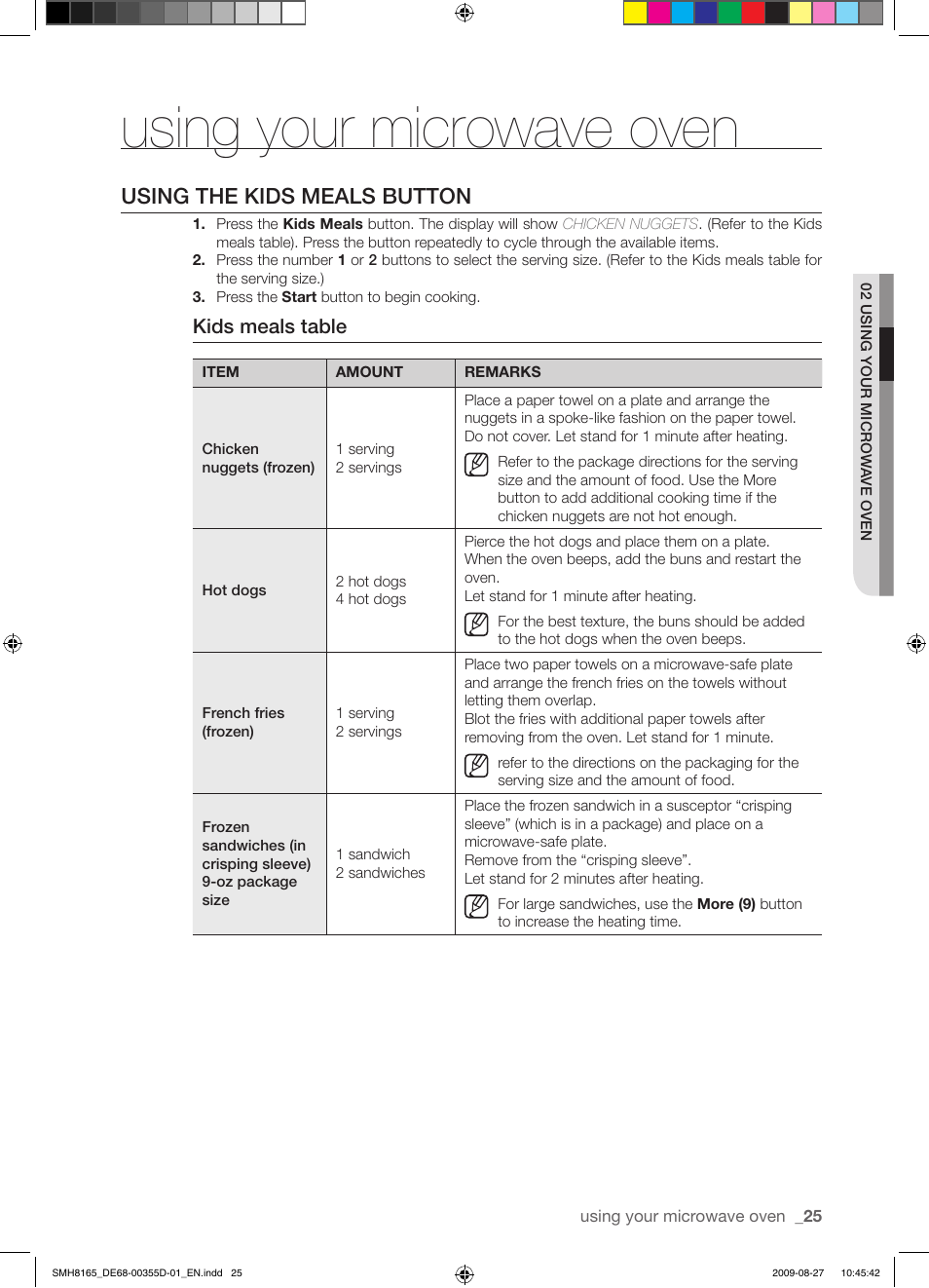 Using your microwave oven, Using the kids meals button, Kids meals table | Samsung SMH8165B-XAA User Manual | Page 25 / 44