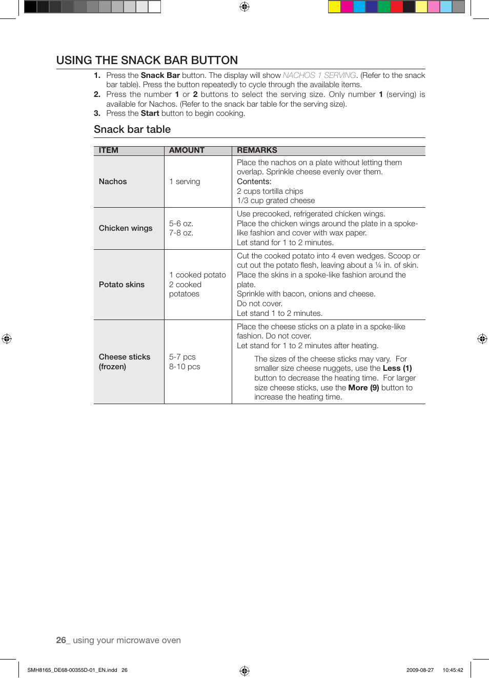 Using the snack bar button, Snack bar table | Samsung SMH8165B-XAA User Manual | Page 26 / 44