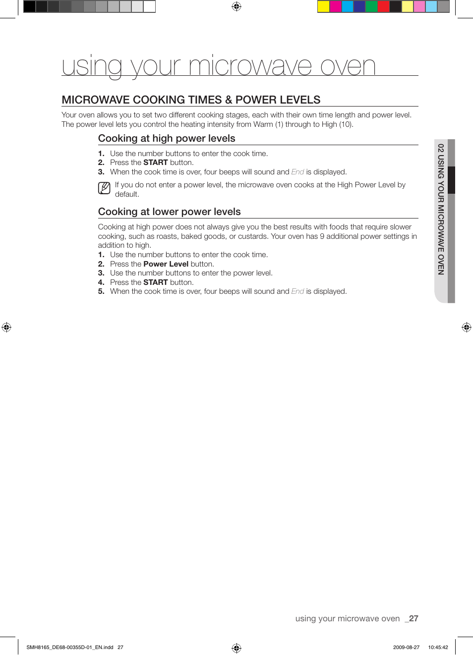 Using your microwave oven, Microwave cooking times & power levels | Samsung SMH8165B-XAA User Manual | Page 27 / 44