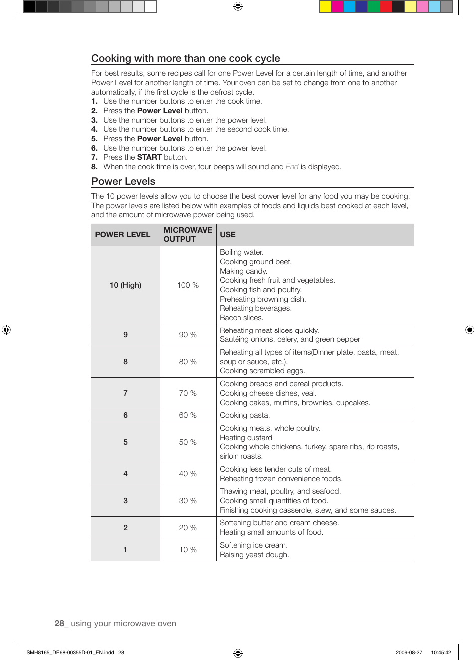 Cooking with more than one cook cycle, Power levels | Samsung SMH8165B-XAA User Manual | Page 28 / 44