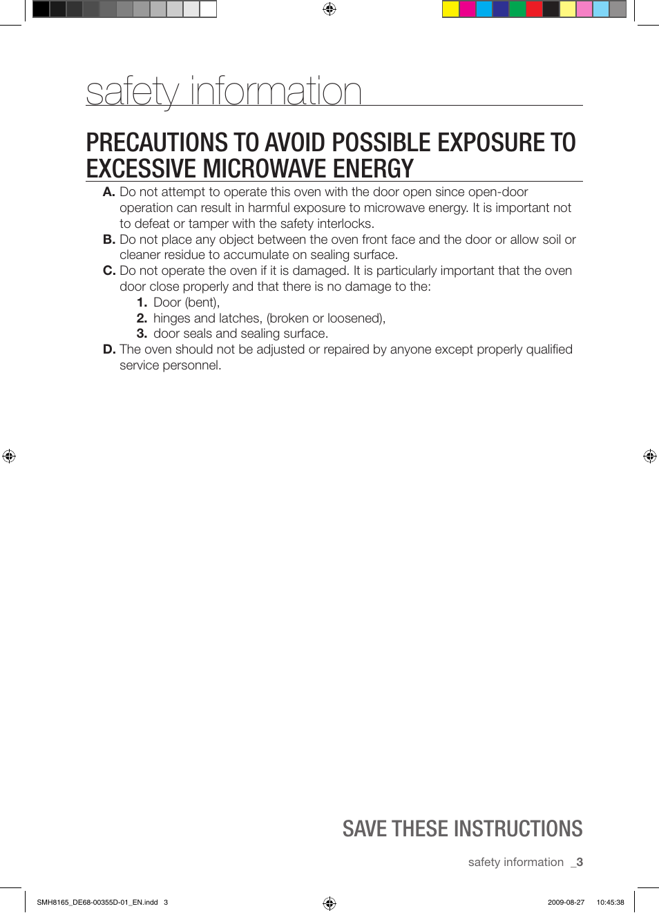 Safety information, Save these instructions | Samsung SMH8165B-XAA User Manual | Page 3 / 44