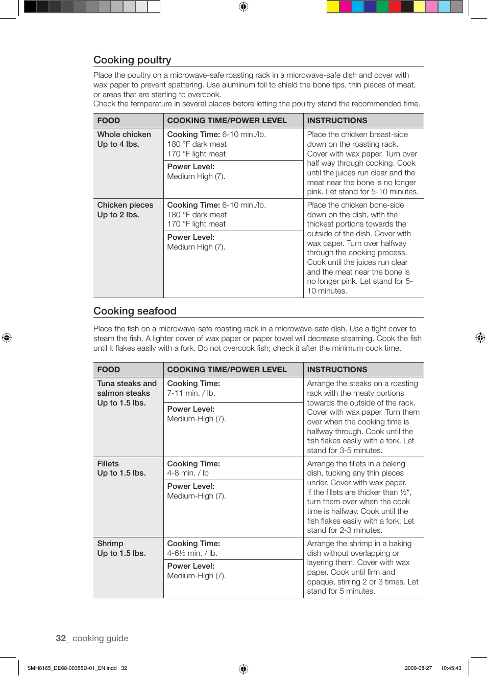 Cooking poultry, Cooking seafood | Samsung SMH8165B-XAA User Manual | Page 32 / 44