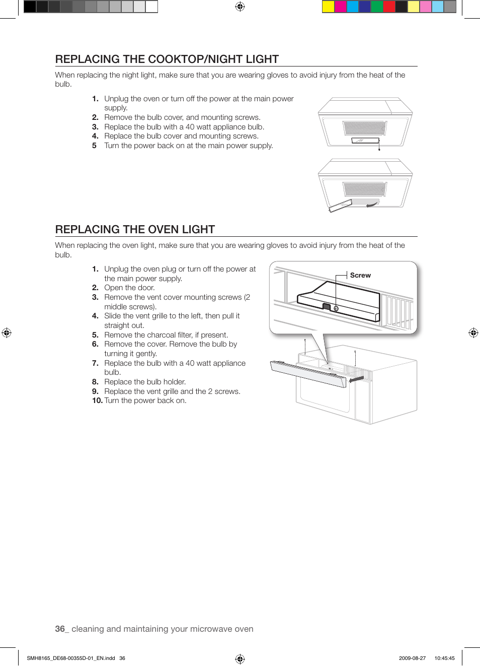 Replacing the cooktop/night light, Replacing the oven light | Samsung SMH8165B-XAA User Manual | Page 36 / 44