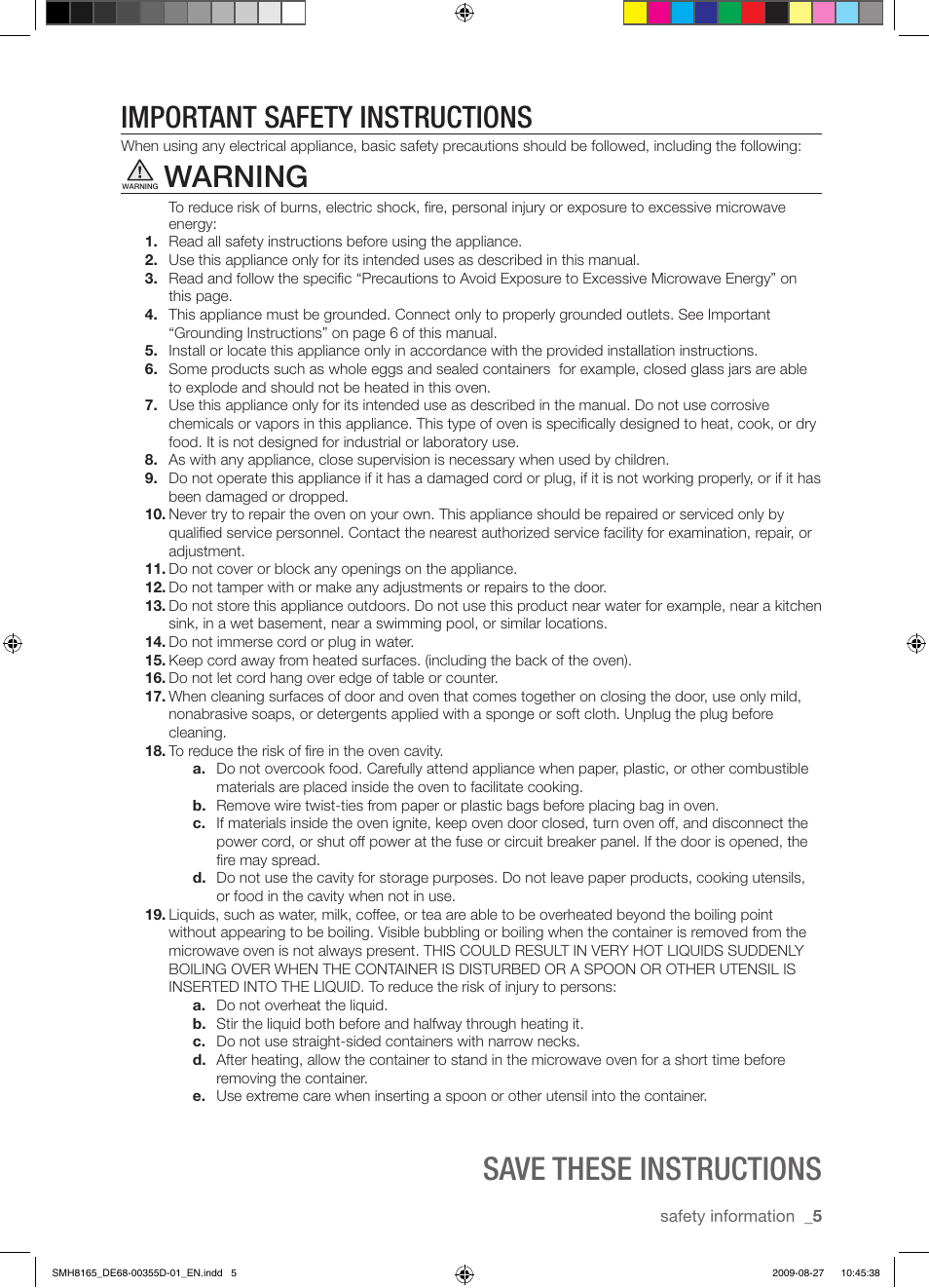 Save these instructions, Important safety instructions, Warning | Samsung SMH8165B-XAA User Manual | Page 5 / 44