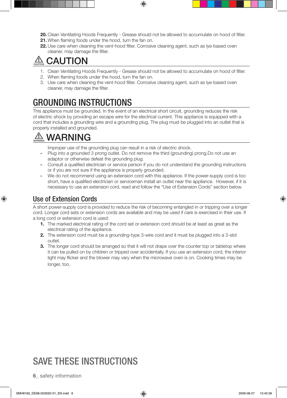 Save these instructions, Caution, Grounding instructions | Warning, Use of extension cords | Samsung SMH8165B-XAA User Manual | Page 6 / 44