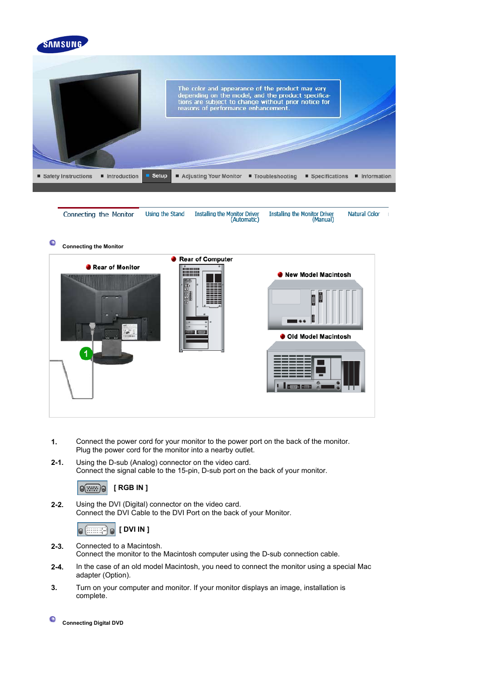 Setup, Connecting the monitor | Samsung LS19HAWKBQ-XAA User Manual | Page 14 / 67