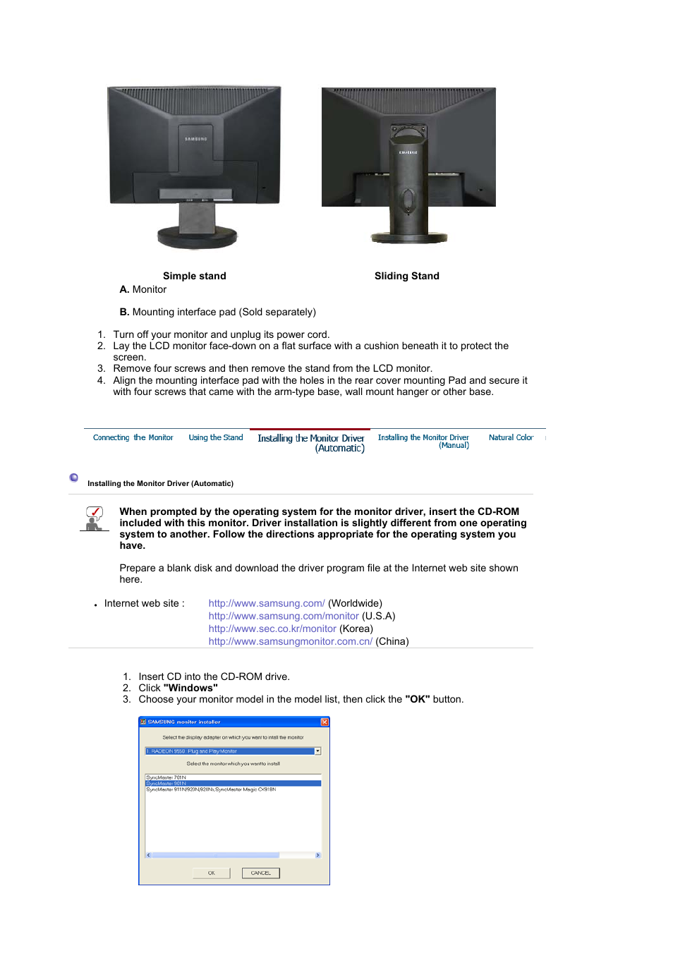 Installing the monitor driver (automatic) | Samsung LS19HAWKBQ-XAA User Manual | Page 17 / 67