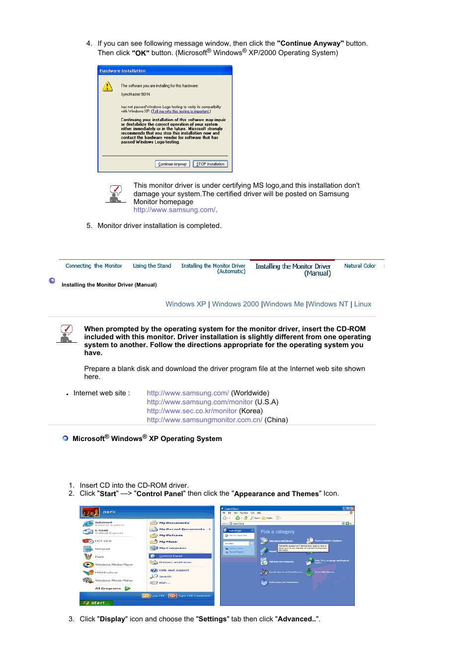 Installing the monitor driver (manual) | Samsung LS19HAWKBQ-XAA User Manual | Page 18 / 67