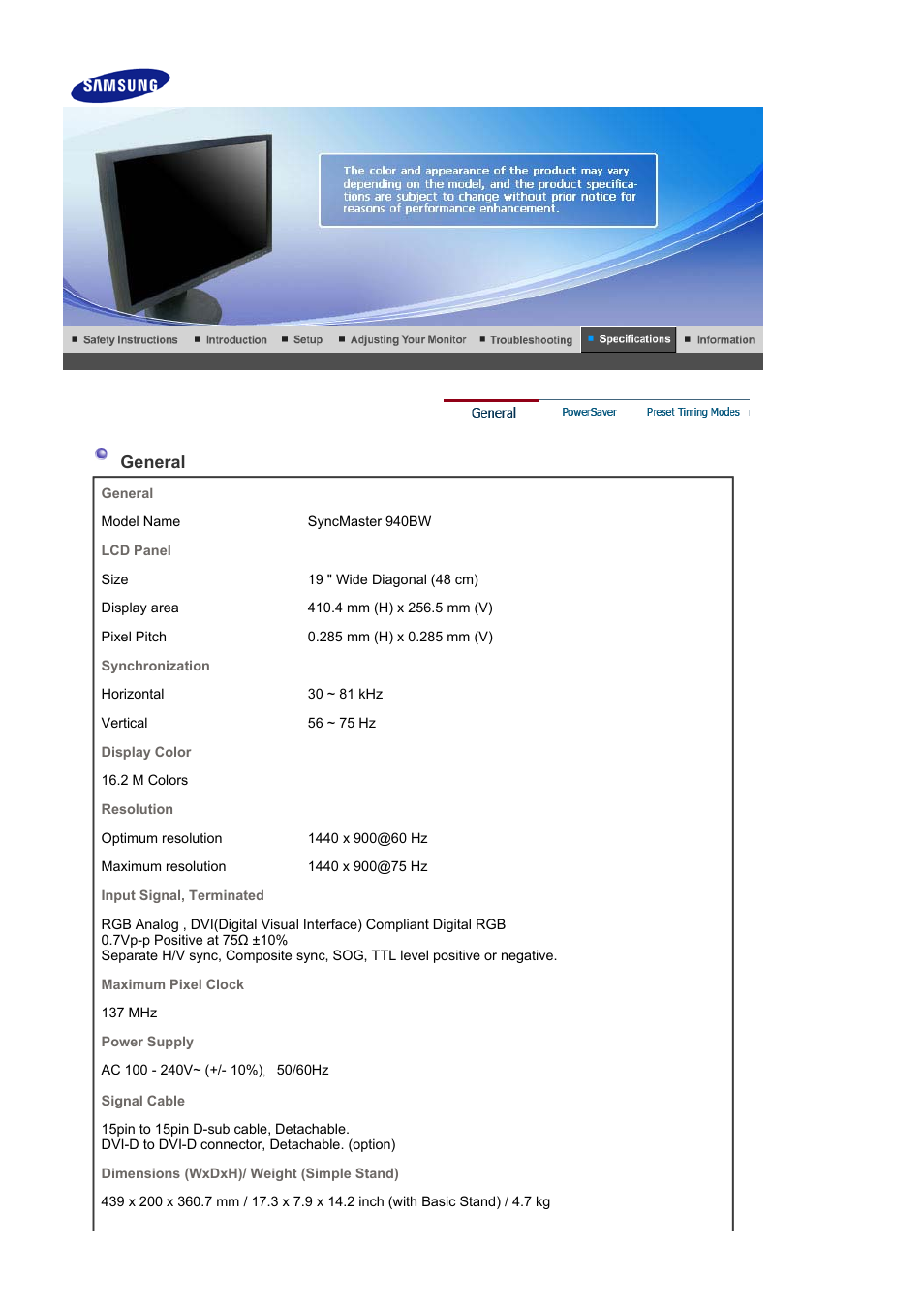 Specifications, Syncmaster 940bw, General | Samsung LS19HAWKBQ-XAA User Manual | Page 51 / 67