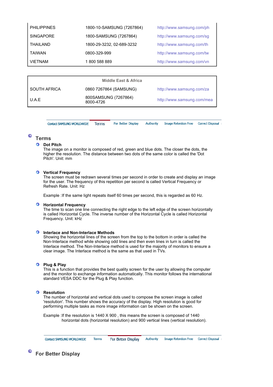 Terms, For better display | Samsung LS19HAWKBQ-XAA User Manual | Page 62 / 67