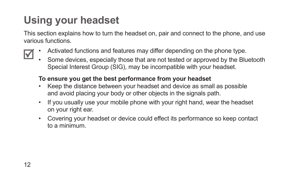 Using your headset | Samsung BHS3000NBACSTA User Manual | Page 14 / 92