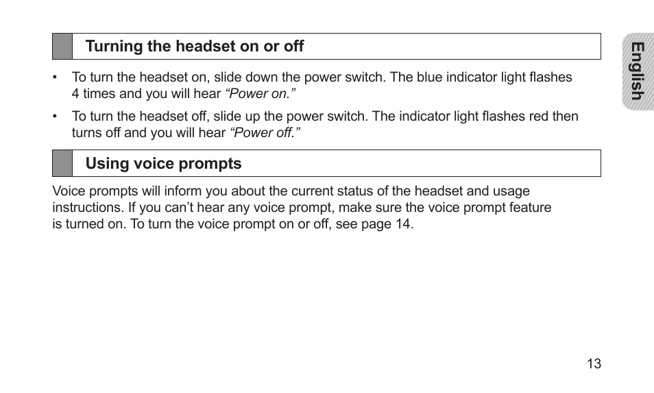 Turning the headset on or off, Using voice prompts | Samsung BHS3000NBACSTA User Manual | Page 15 / 92