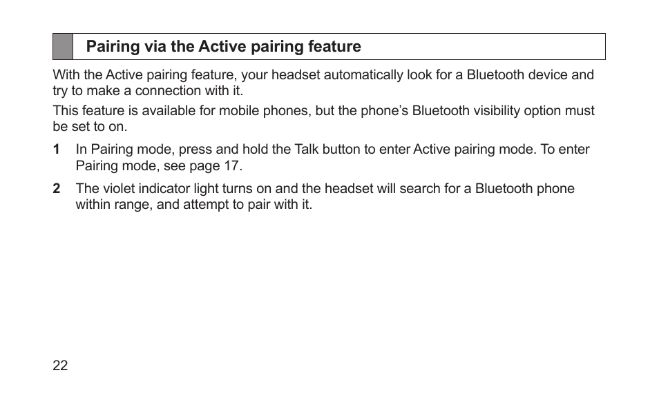 Pairing via the active pairing feature | Samsung BHS3000NBACSTA User Manual | Page 24 / 92