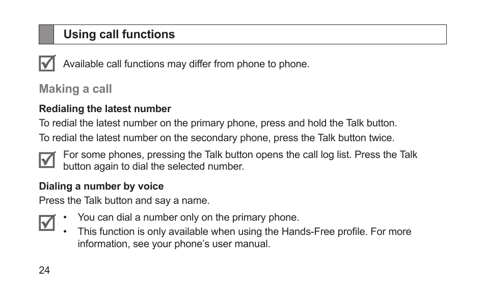 Using call functions | Samsung BHS3000NBACSTA User Manual | Page 26 / 92