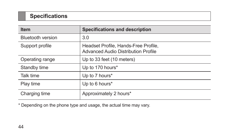 Specifications | Samsung BHS3000NBACSTA User Manual | Page 46 / 92