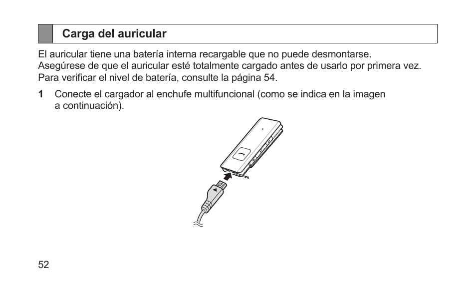 Carga del auricular | Samsung BHS3000NBACSTA User Manual | Page 54 / 92