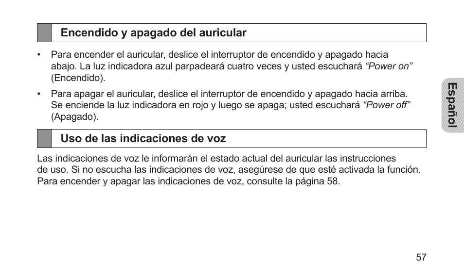 Encendido y apagado del auricular, Uso de las indicaciones de voz | Samsung BHS3000NBACSTA User Manual | Page 59 / 92