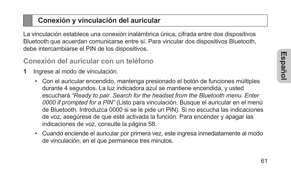 Conexión y vinculación del auricular | Samsung BHS3000NBACSTA User Manual | Page 63 / 92