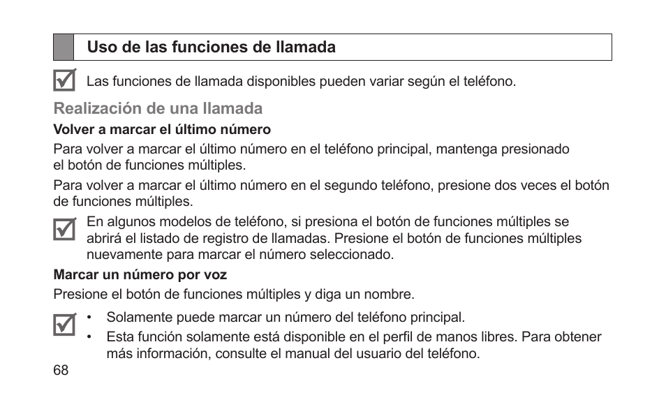 Uso de las funciones de llamada | Samsung BHS3000NBACSTA User Manual | Page 70 / 92