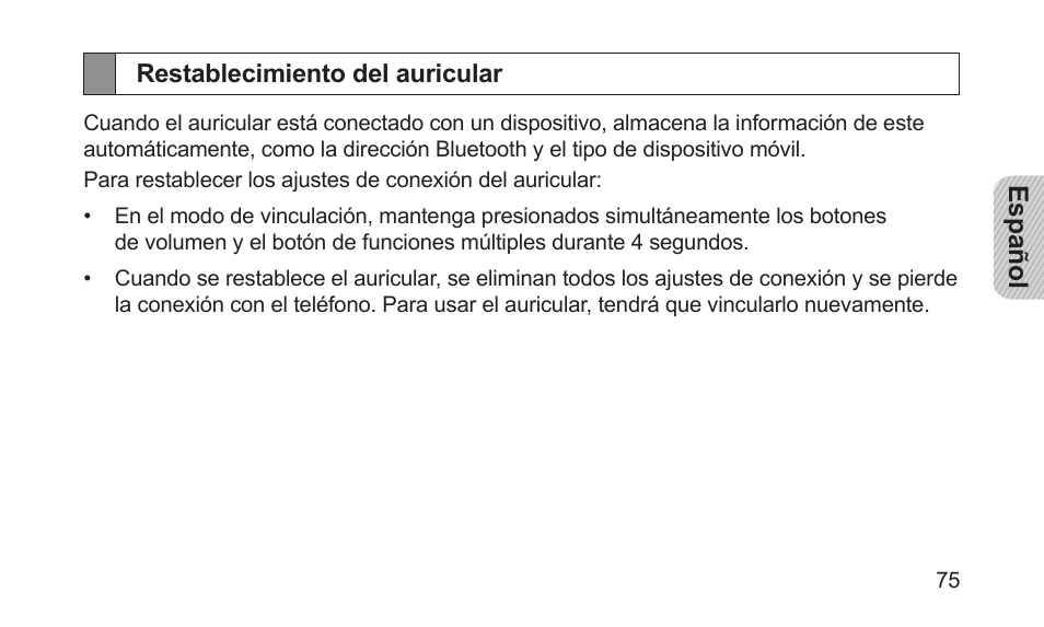 Restablecimiento del auricular | Samsung BHS3000NBACSTA User Manual | Page 77 / 92