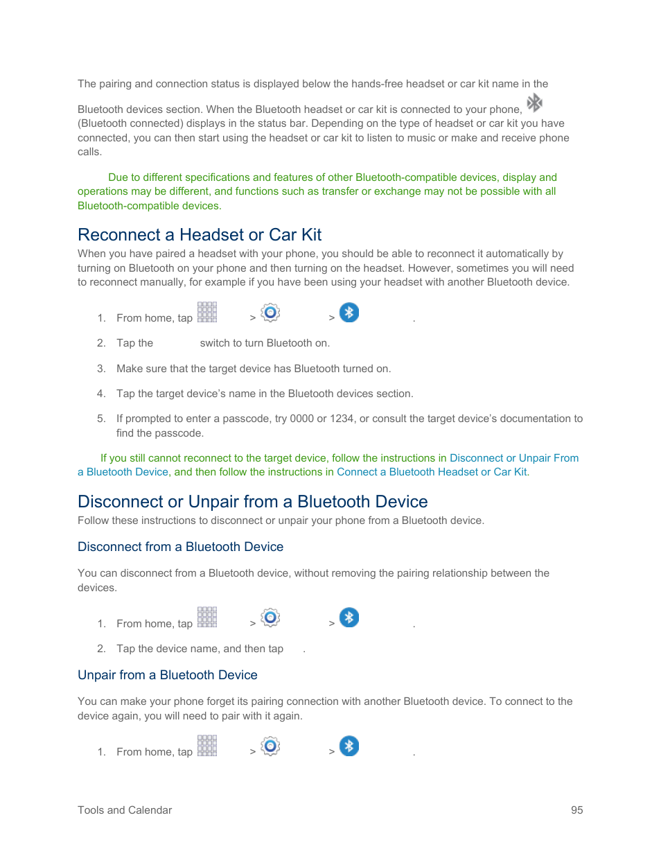 Reconnect a headset or car kit, Disconnect or unpair from a bluetooth device | Samsung SM-G900PZWASPR User Manual | Page 107 / 208