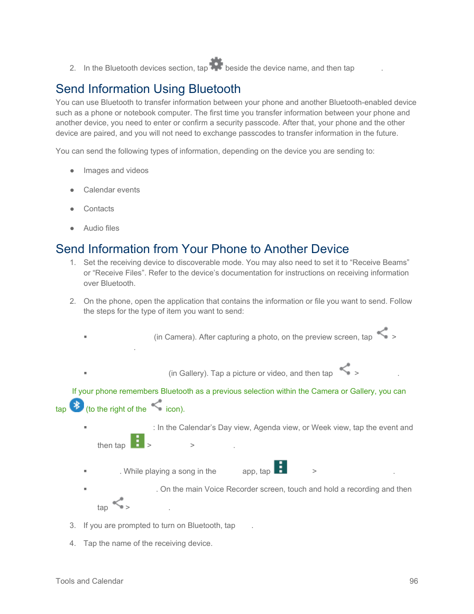 Send information using bluetooth, Send information from your phone to another device | Samsung SM-G900PZWASPR User Manual | Page 108 / 208