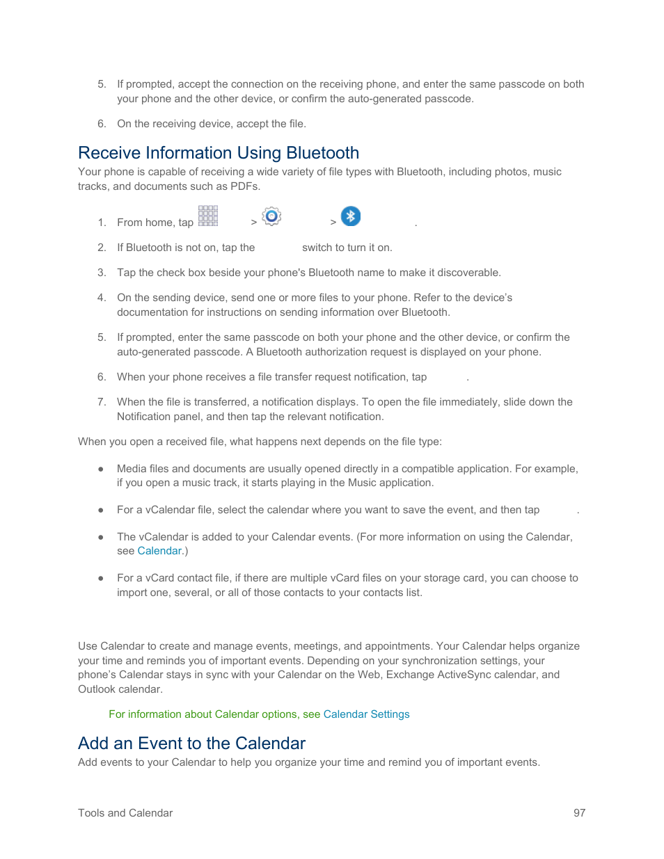 Receive information using bluetooth, Calendar, Add an event to the calendar | Samsung SM-G900PZWASPR User Manual | Page 109 / 208