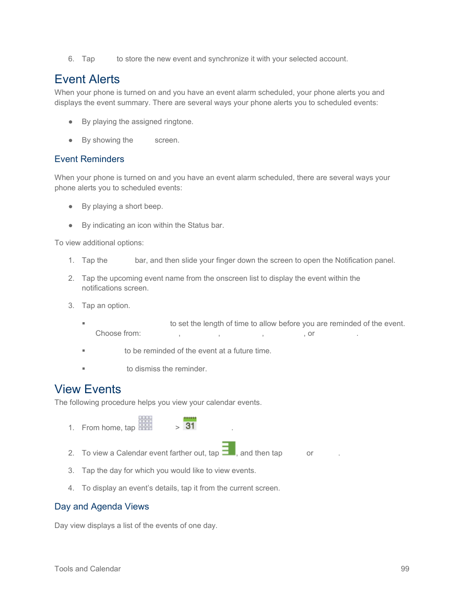 Event alerts, View events | Samsung SM-G900PZWASPR User Manual | Page 111 / 208
