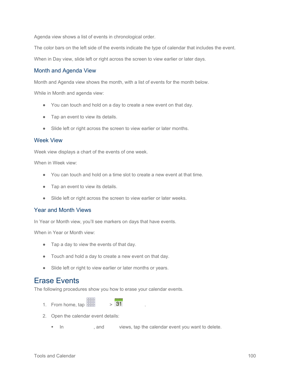 Erase events | Samsung SM-G900PZWASPR User Manual | Page 112 / 208