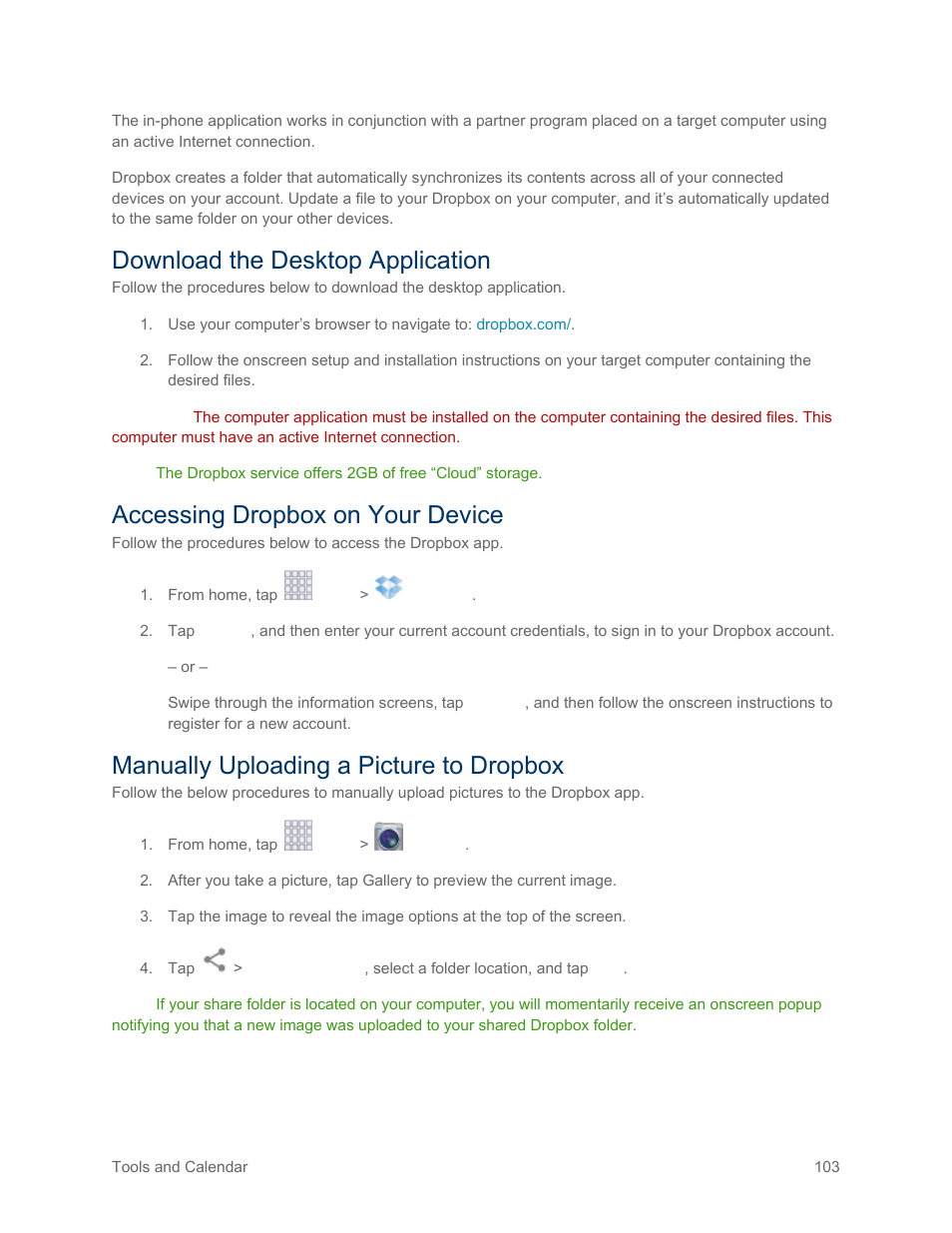 Download the desktop application, Accessing dropbox on your device, Manually uploading a picture to dropbox | Samsung SM-G900PZWASPR User Manual | Page 115 / 208