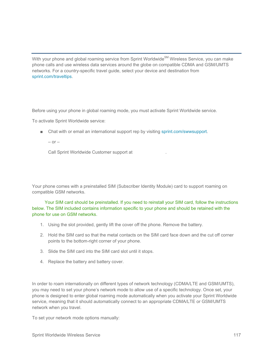 Sprint worldwide wireless service, Activate sprint worldwide service on your account, Your phone’s sim card for international roaming | Set network mode options | Samsung SM-G900PZWASPR User Manual | Page 129 / 208