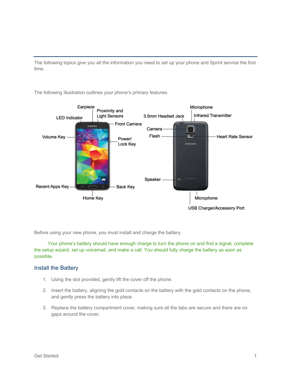 Get started, Your phone at a glance, Set up your phone | Samsung SM-G900PZWASPR User Manual | Page 13 / 208