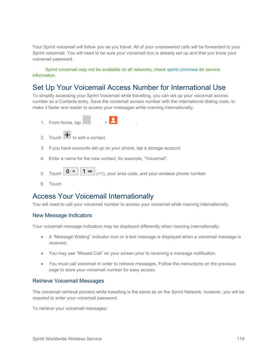 Sprint international voicemail service, Access your voicemail internationally | Samsung SM-G900PZWASPR User Manual | Page 131 / 208