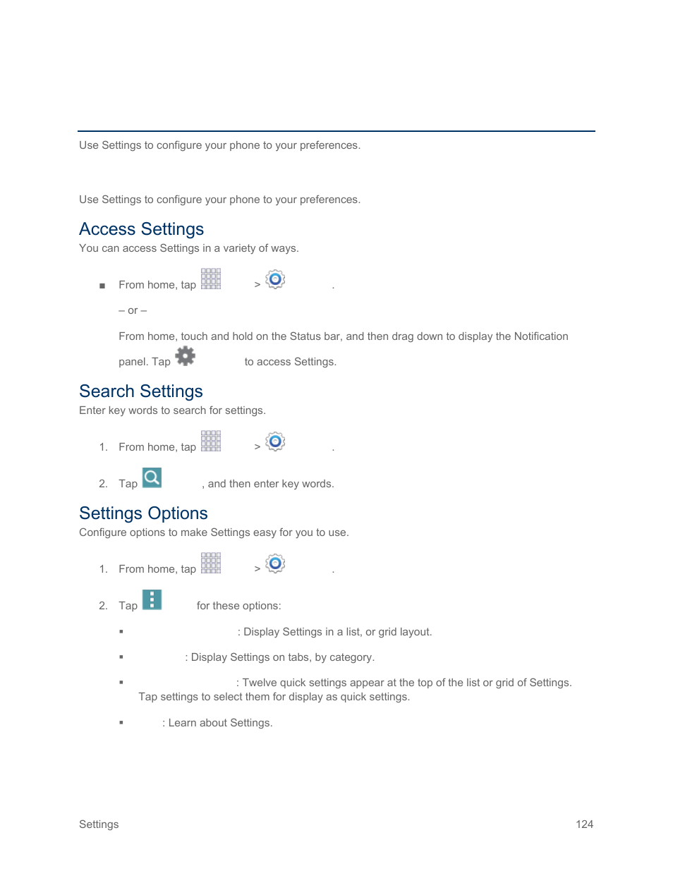 Settings, Using settings, Access settings | Search settings, Settings options | Samsung SM-G900PZWASPR User Manual | Page 136 / 208