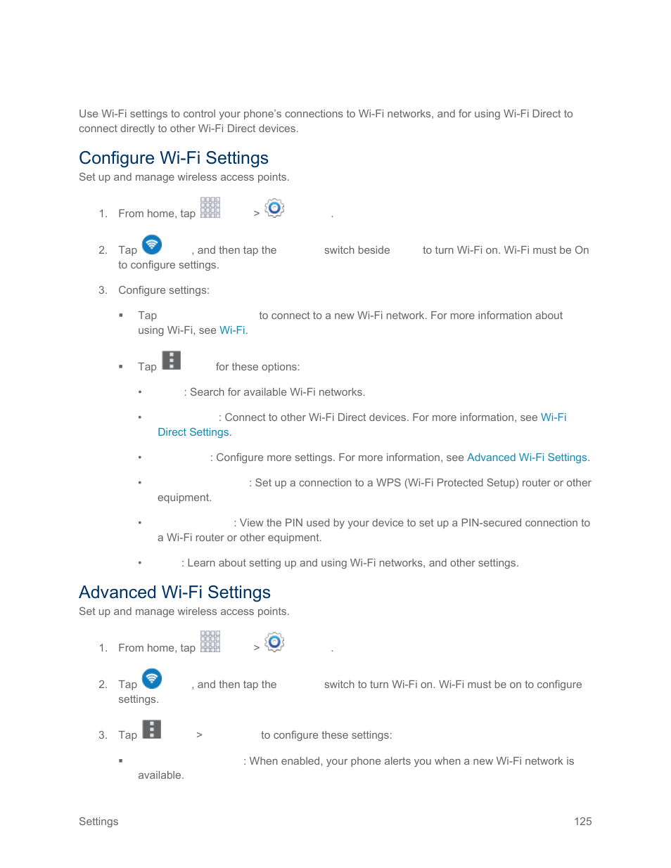Wi-fi settings, Configure wi-fi settings, Advanced wi-fi settings | Samsung SM-G900PZWASPR User Manual | Page 137 / 208