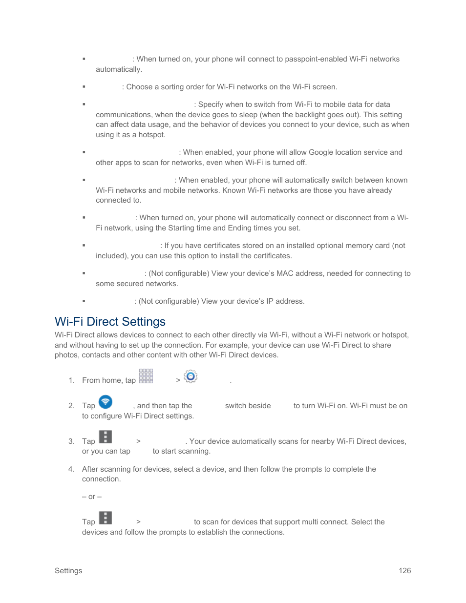 Wi-fi direct settings, Wi-fi, Direct settings | Samsung SM-G900PZWASPR User Manual | Page 138 / 208