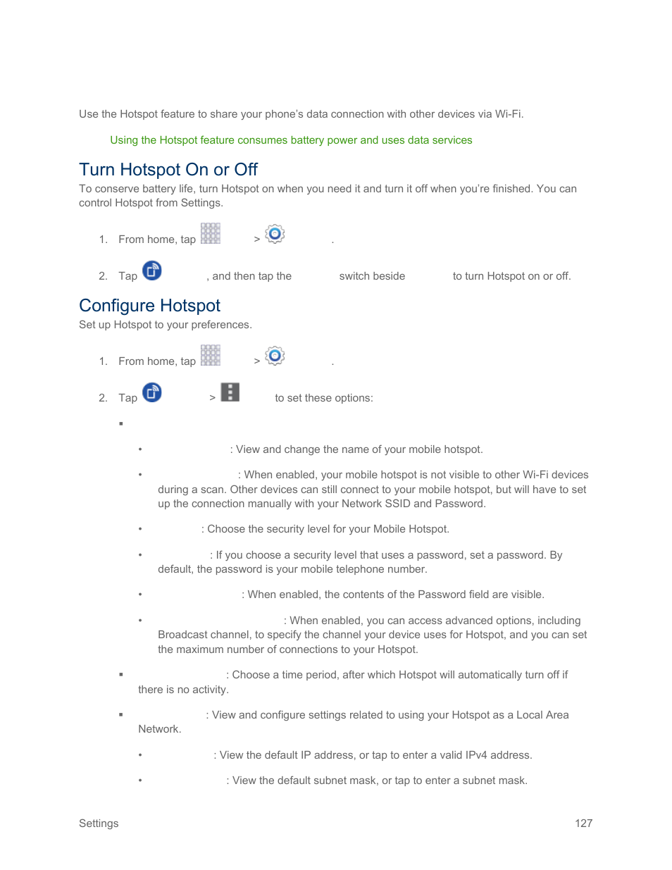 Hotspot settings, Turn hotspot on or off, Configure hotspot | Samsung SM-G900PZWASPR User Manual | Page 139 / 208