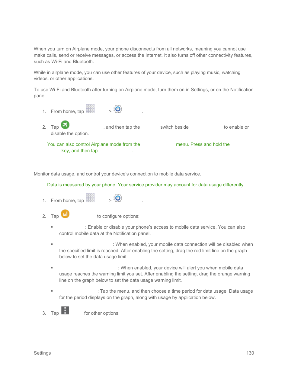 Airplane mode, Data usage settings, Data usage | Settings | Samsung SM-G900PZWASPR User Manual | Page 142 / 208