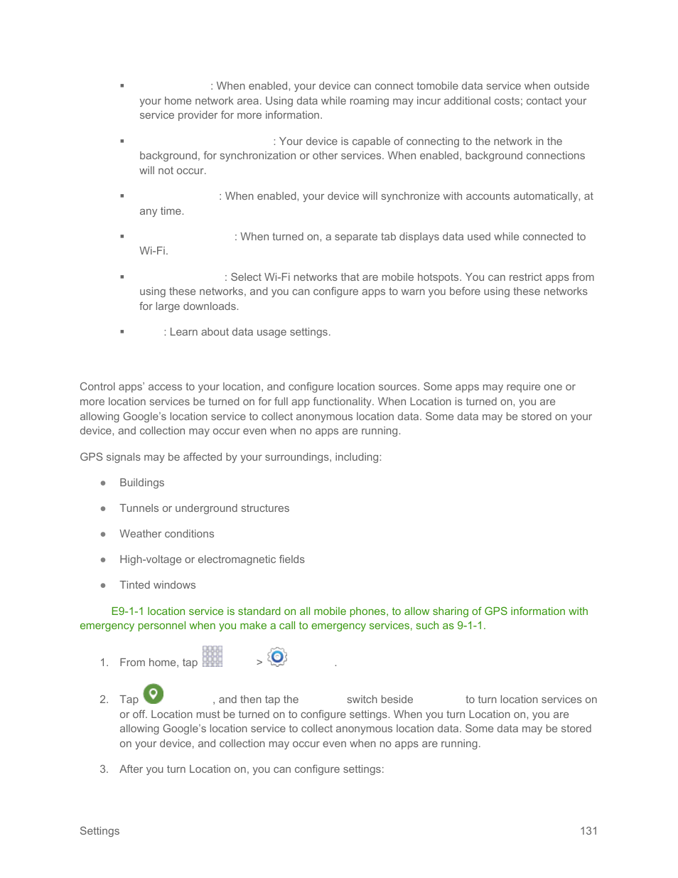 Location settings | Samsung SM-G900PZWASPR User Manual | Page 143 / 208