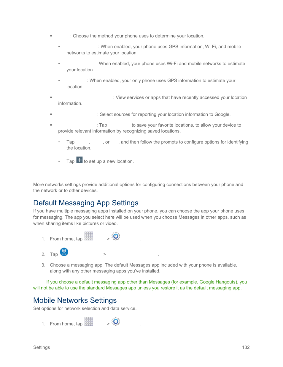 More networks settings, Default messaging app settings, Mobile networks settings | Samsung SM-G900PZWASPR User Manual | Page 144 / 208
