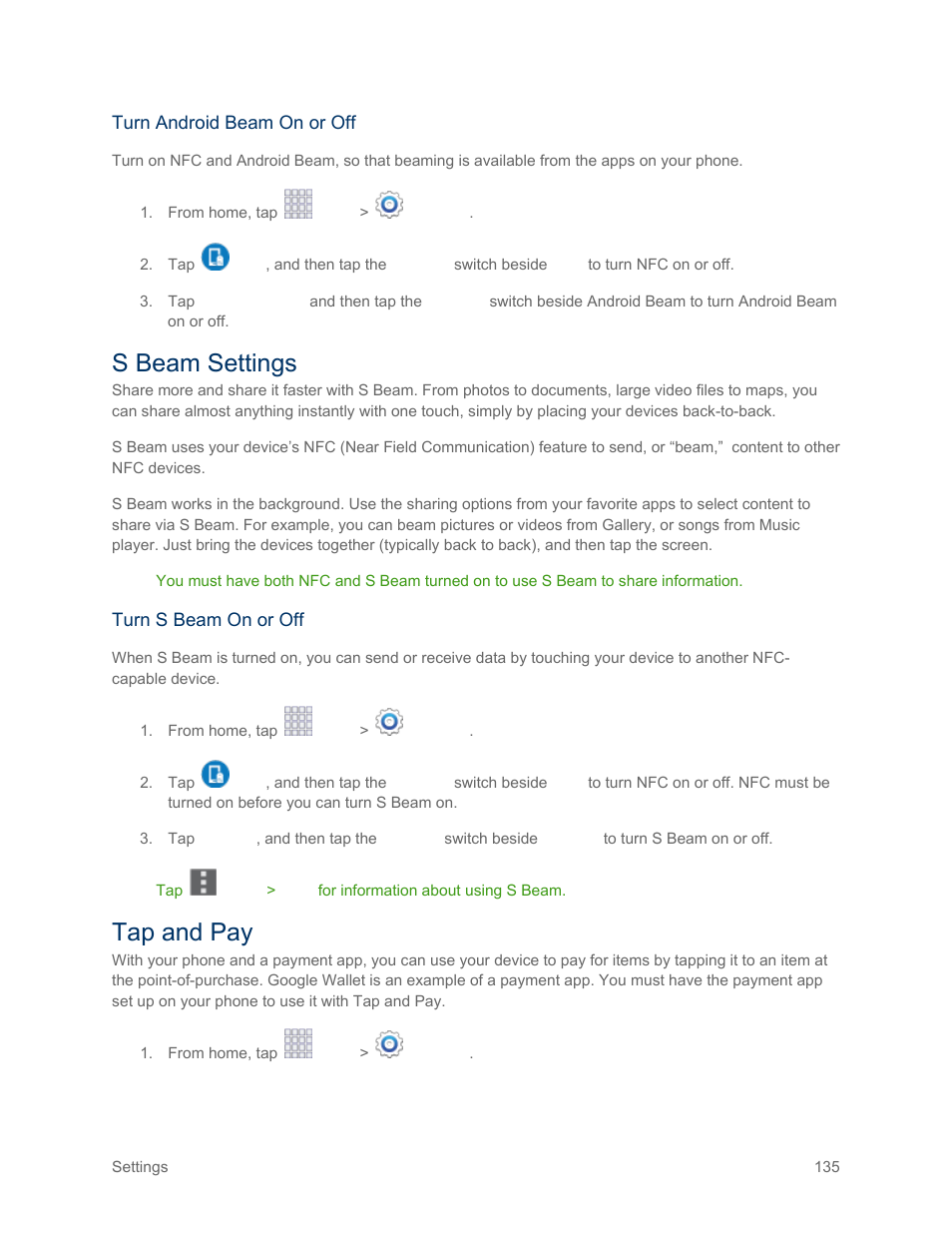 S beam settings, Tap and pay | Samsung SM-G900PZWASPR User Manual | Page 147 / 208