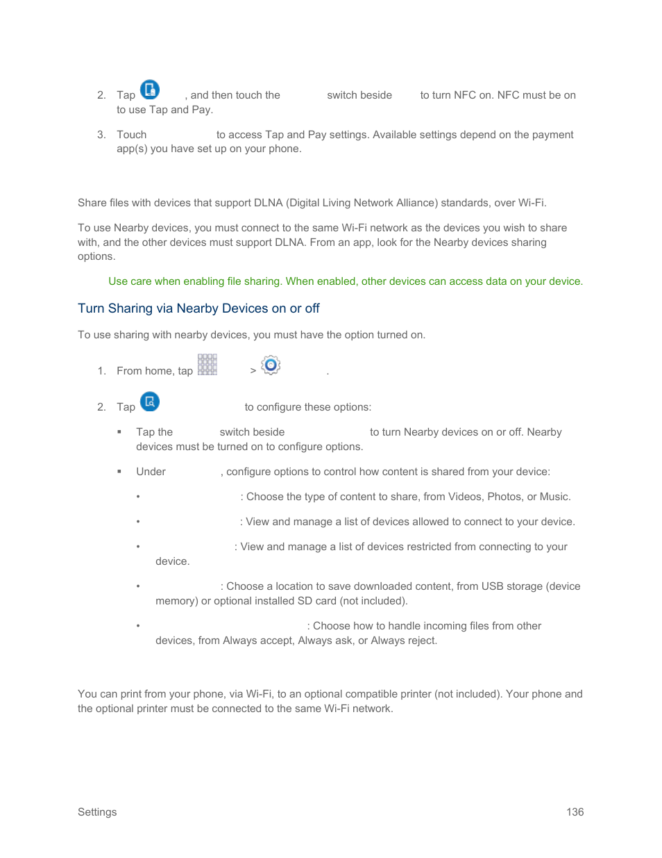 Nearby devices settings, Printing settings | Samsung SM-G900PZWASPR User Manual | Page 148 / 208