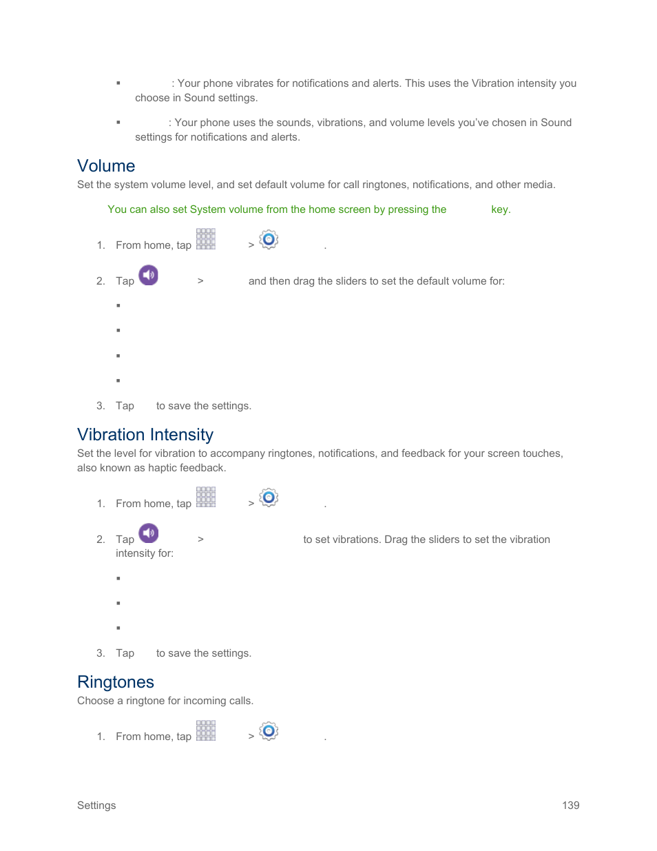Volume, Vibration intensity, Ringtones | Samsung SM-G900PZWASPR User Manual | Page 151 / 208