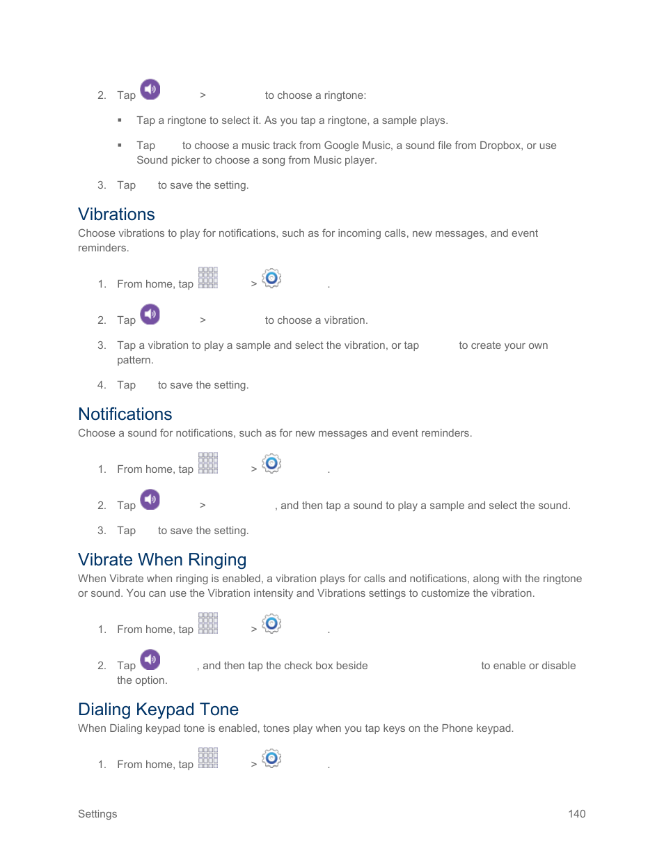 Vibrations, Notifications, Vibrate when ringing | Dialing keypad tone | Samsung SM-G900PZWASPR User Manual | Page 152 / 208