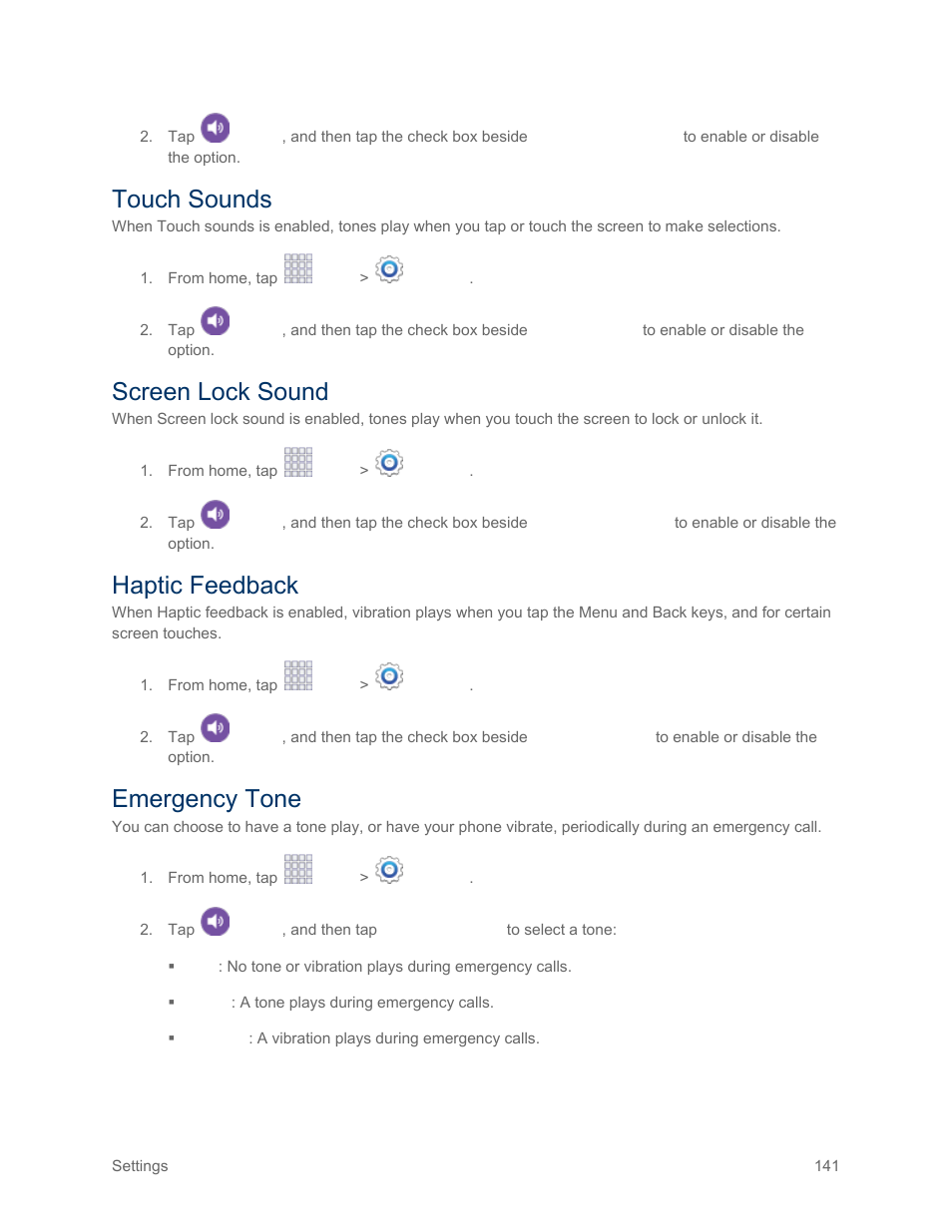 Touch sounds, Screen lock sound, Haptic feedback | Emergency tone | Samsung SM-G900PZWASPR User Manual | Page 153 / 208